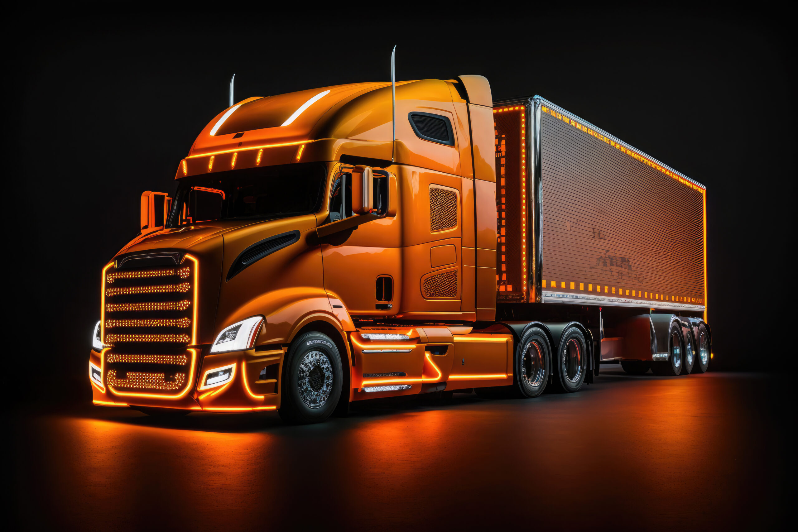 exposure of an orange American truck on a black background